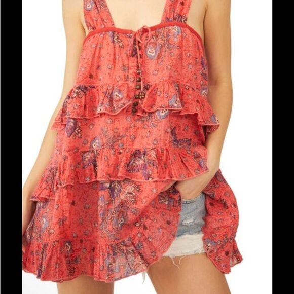 Free People Dresses & Skirts - Intamately Free People Sunrise Nightie in Carnation Coral Floral Ruffle Dress